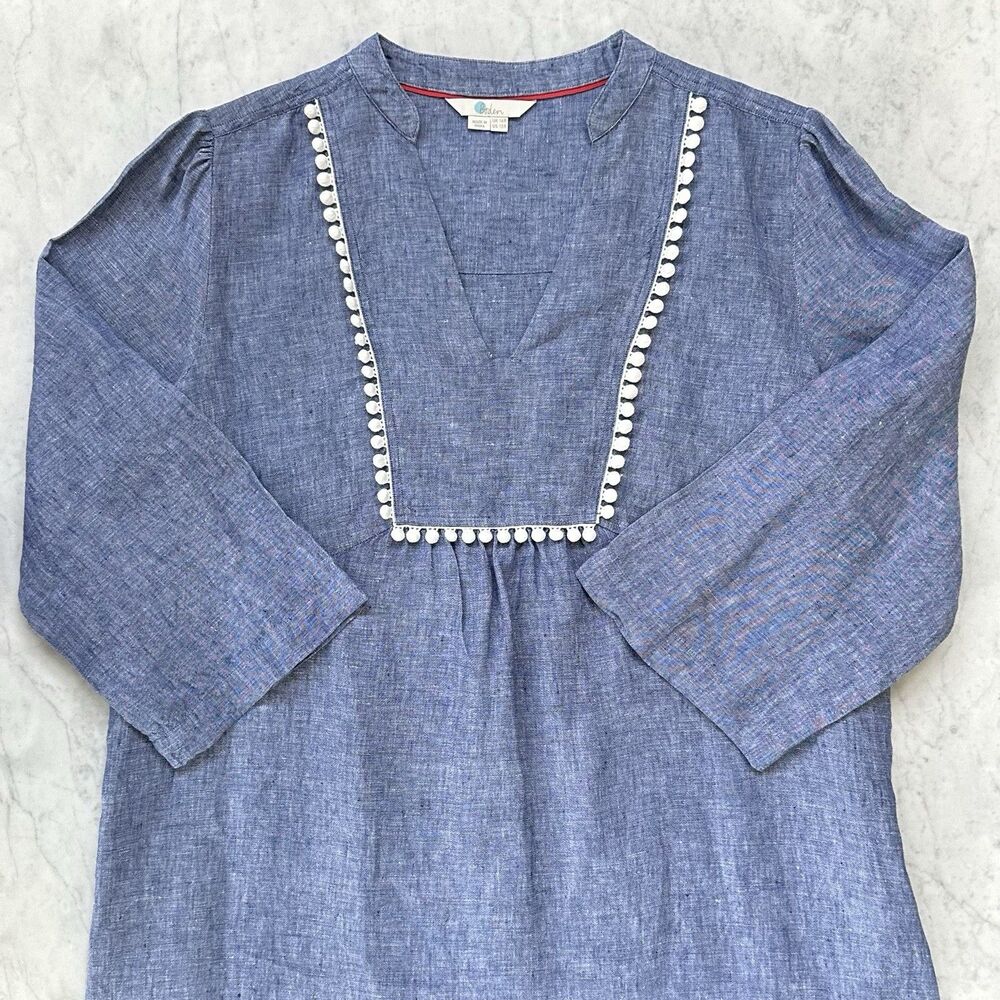 Boden Blue Chambray Tunic with White Pom Trim